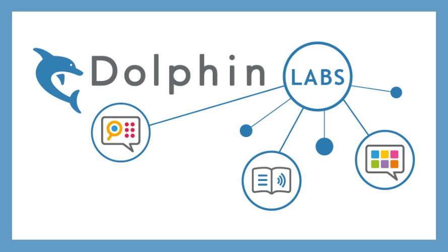 Dolphin Labs logo which contains circles with the word 'labs', the EasyReader, SuperNova and GuideConnect icons. these are all connected with lines so it looks like an atomic structure or a mind map.